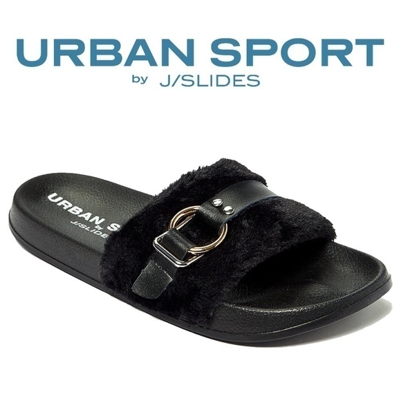 Urban Sport J Slides Super Soft Faux Fur Sandals Shoes Slip Ons NIB - Picture 1 of 9